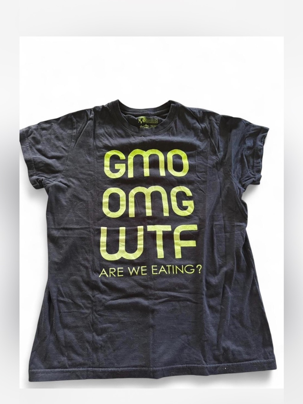 Organic Cotton Black Tee - GMO OMG WTF - size XL